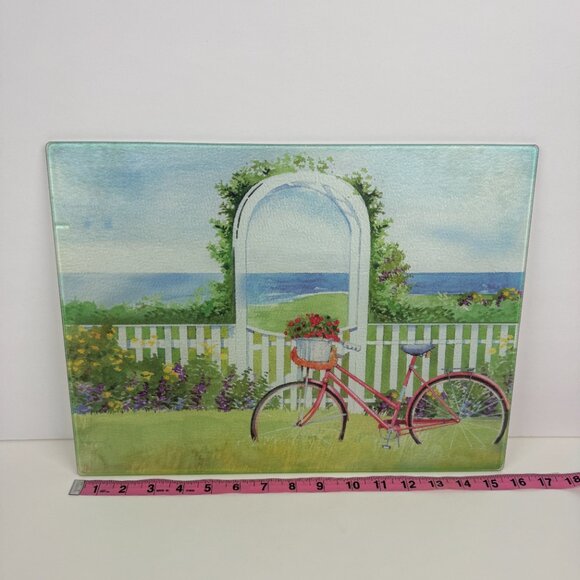 Vtg Tempered Clear Glass Cutting Board Bicycle Bike Garden Summer Spring Image - Picture 1 of 7